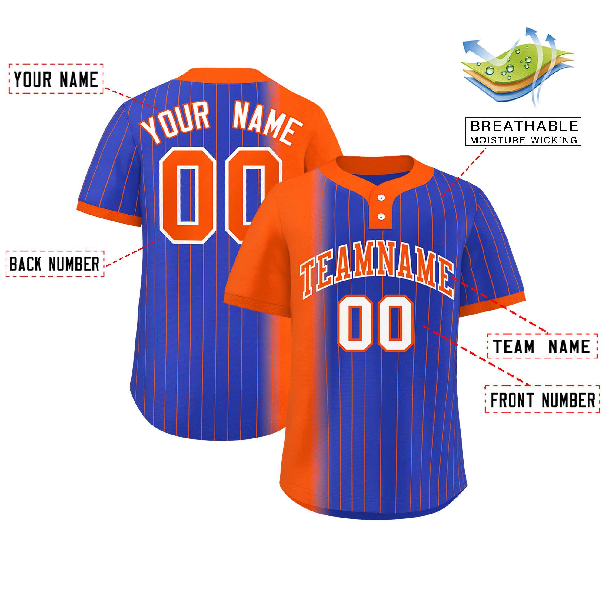 Custom Orange Royal Gradient Stripe Fashion Authentic Two-Button Softball Jersey
