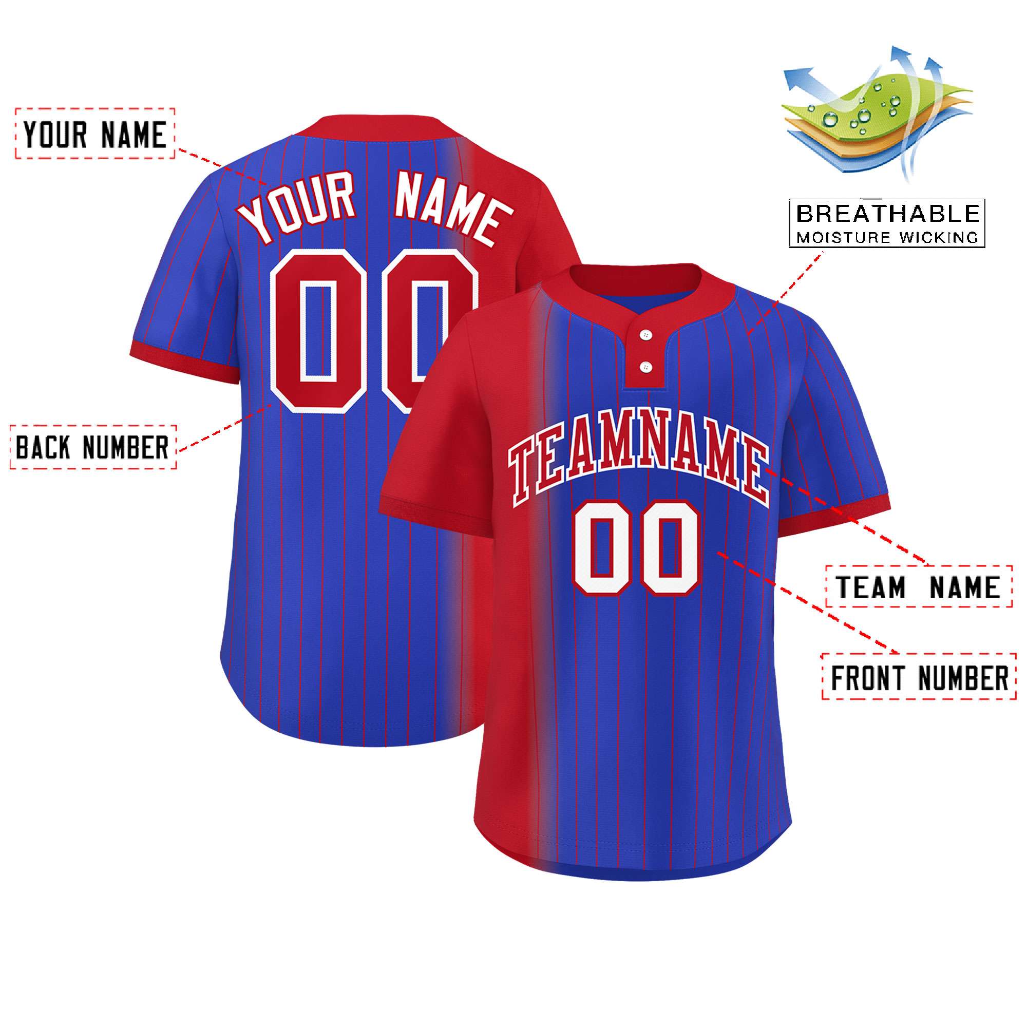 Custom Red Royal Gradient Stripe Fashion Authentic Two-Button Softball Jersey