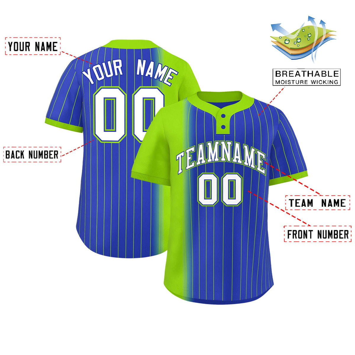 Custom Neon Green Royal Gradient Stripe Fashion Authentic Two-Button Softball Jersey