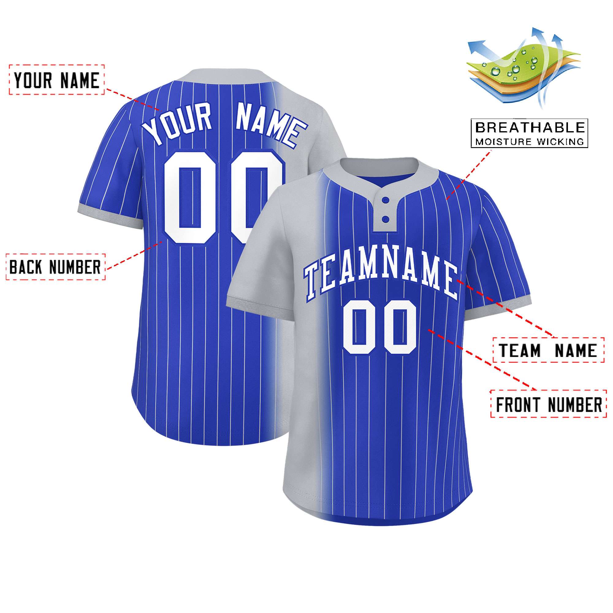 Custom Gray Royal Gradient Stripe Fashion Authentic Two-Button Softball Jersey