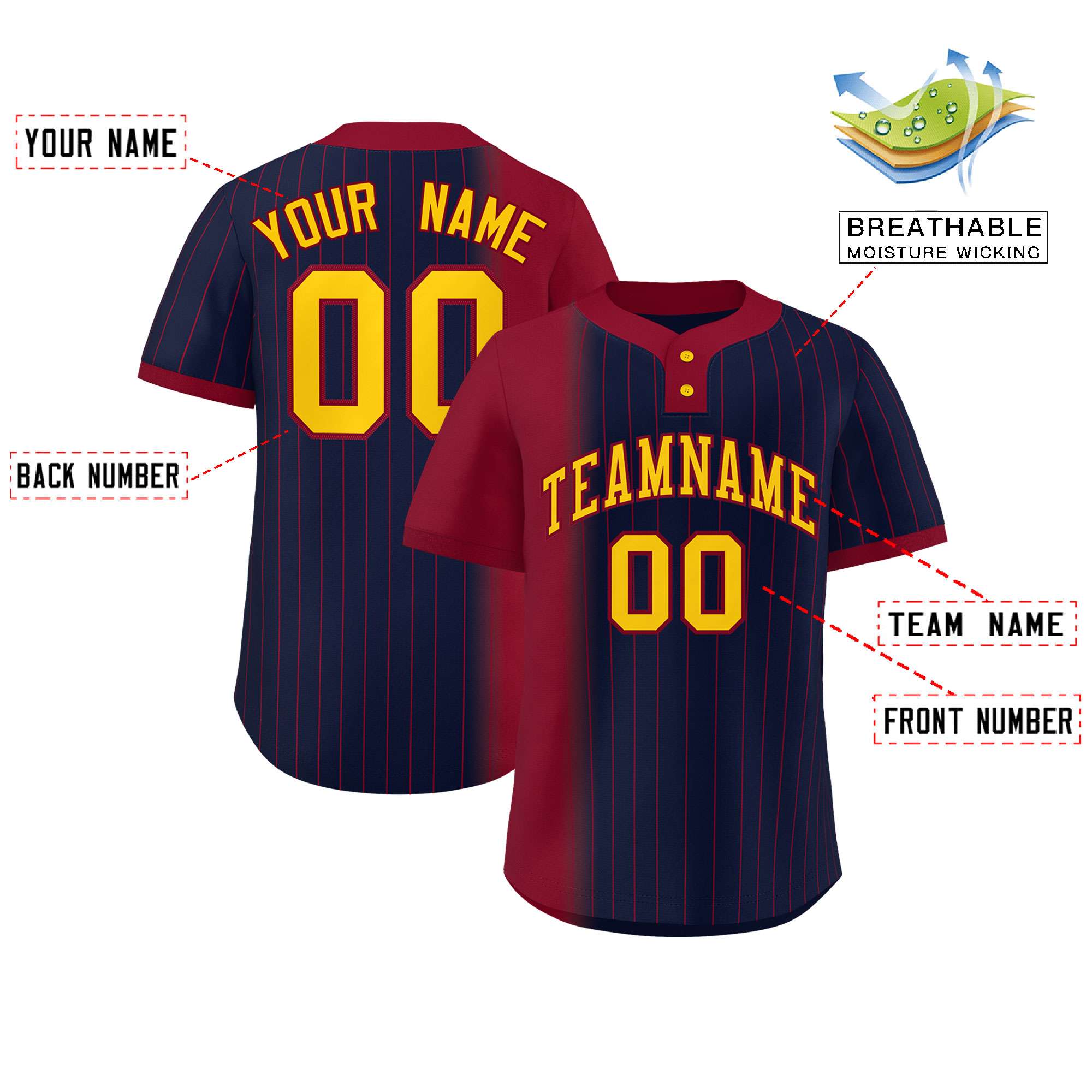 Custom Crimson Navy Gradient Stripe Fashion Authentic Two-Button Softball Jersey