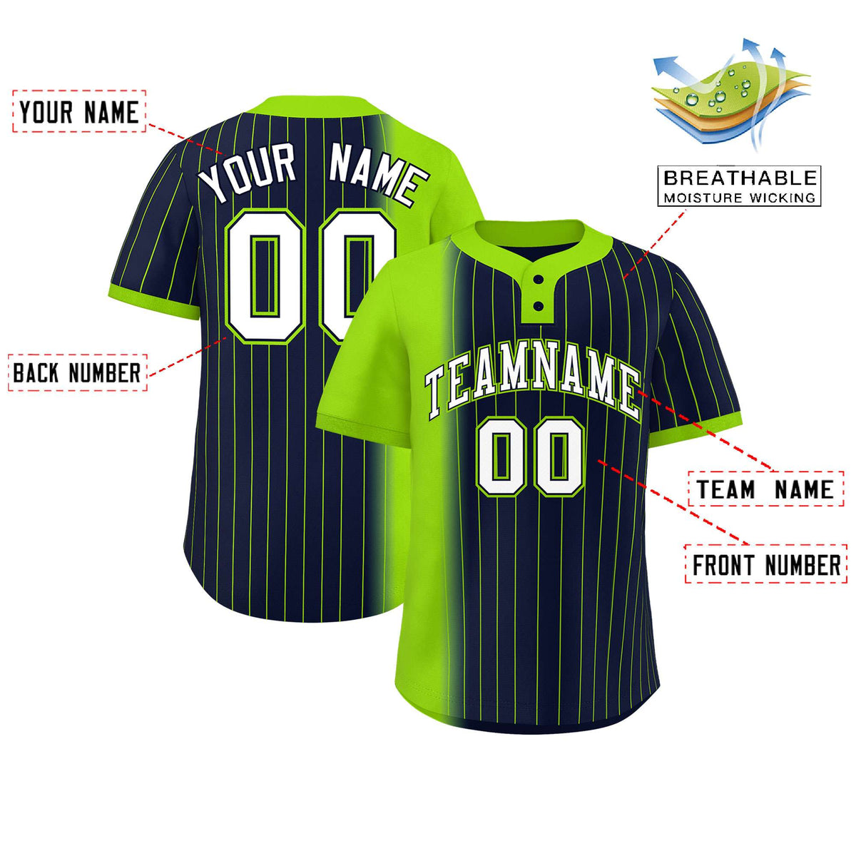 Custom Neon Green Navy Gradient Stripe Fashion Authentic Two-Button Softball Jersey