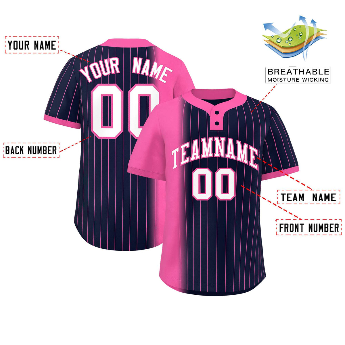 Custom Pink Navy Gradient Stripe Fashion Authentic Two-Button Softball Jersey