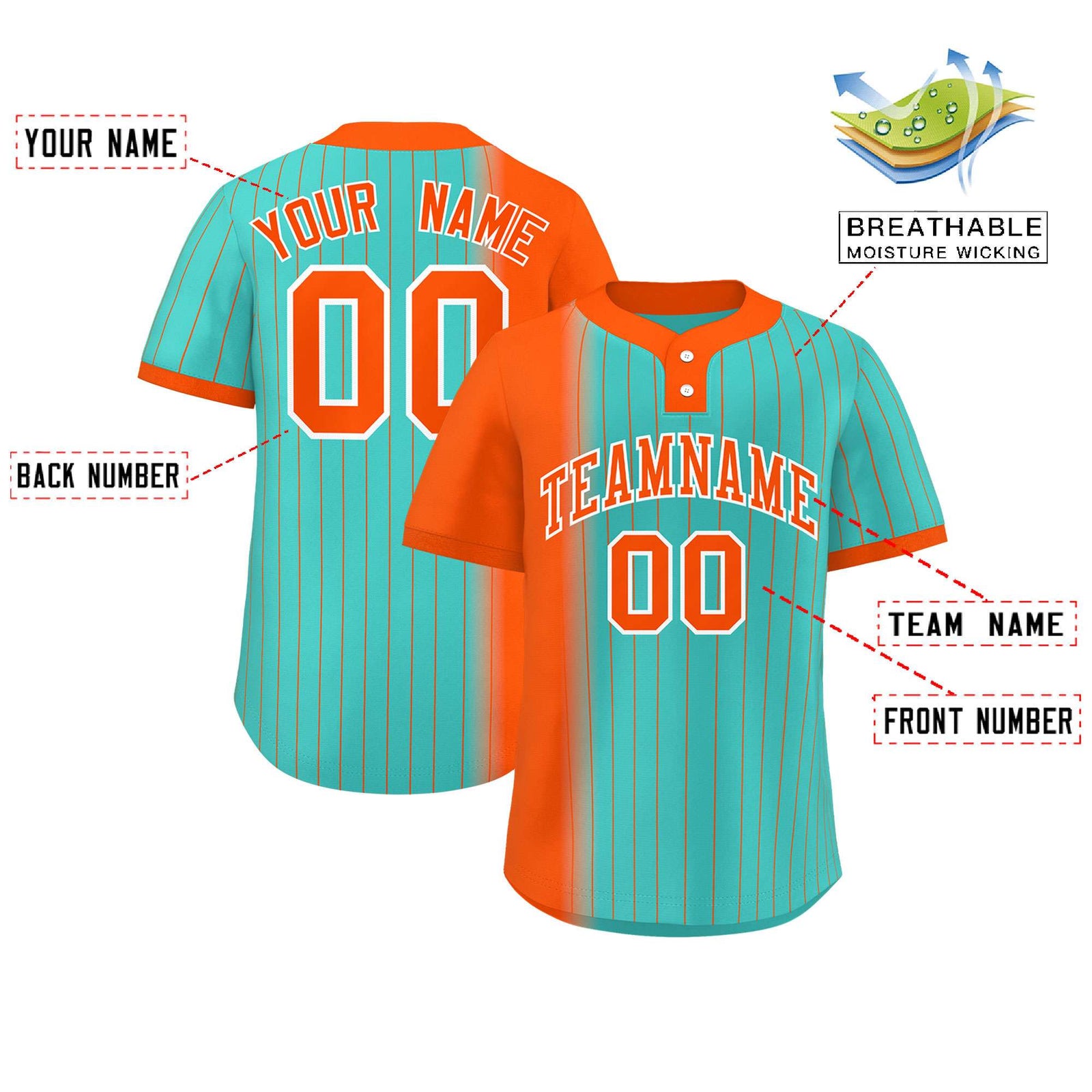 Custom Orange Aqua Gradient Stripe Fashion Authentic Two-Button Softball Jersey