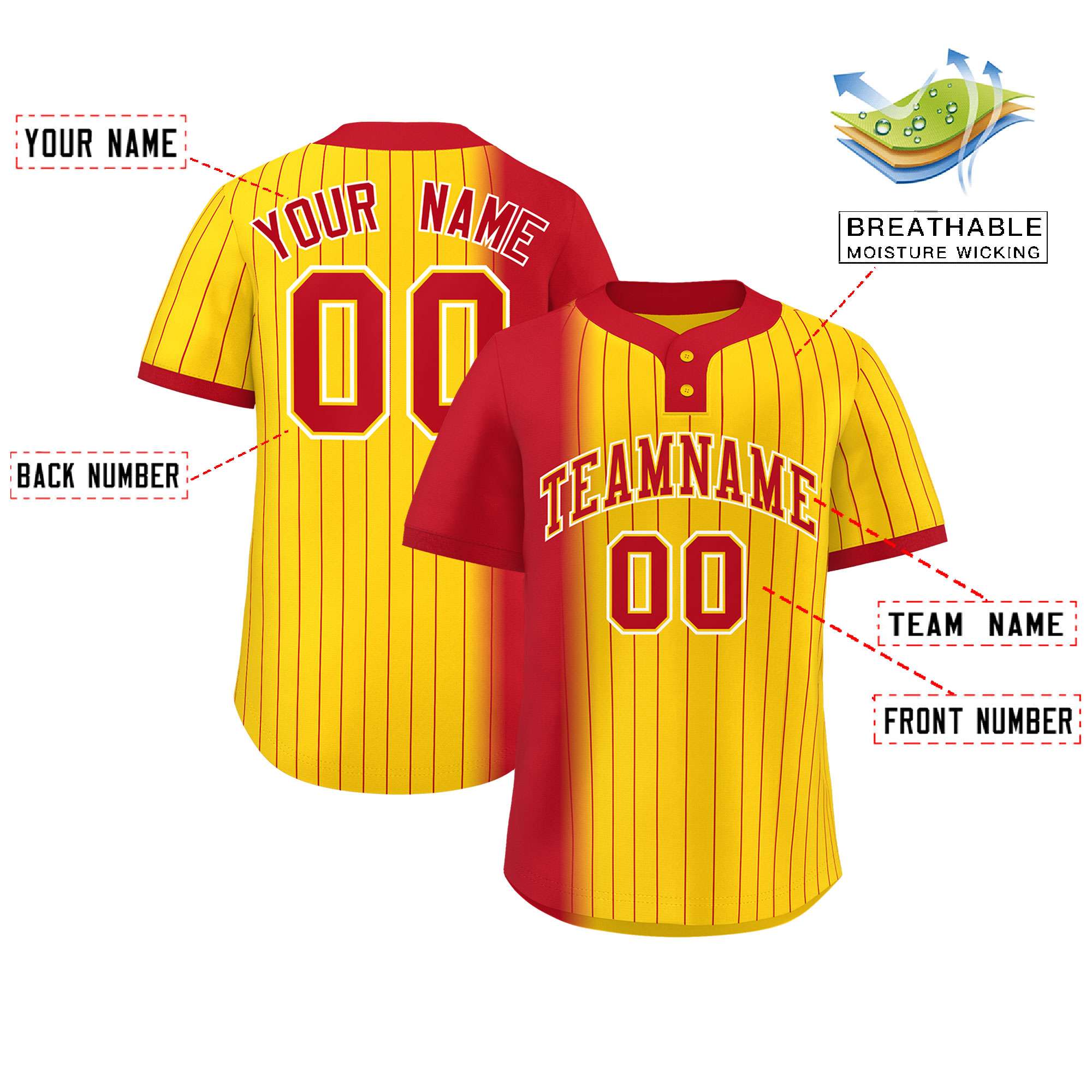 Custom Red Gold Gradient Stripe Fashion Authentic Two-Button Softball Jersey