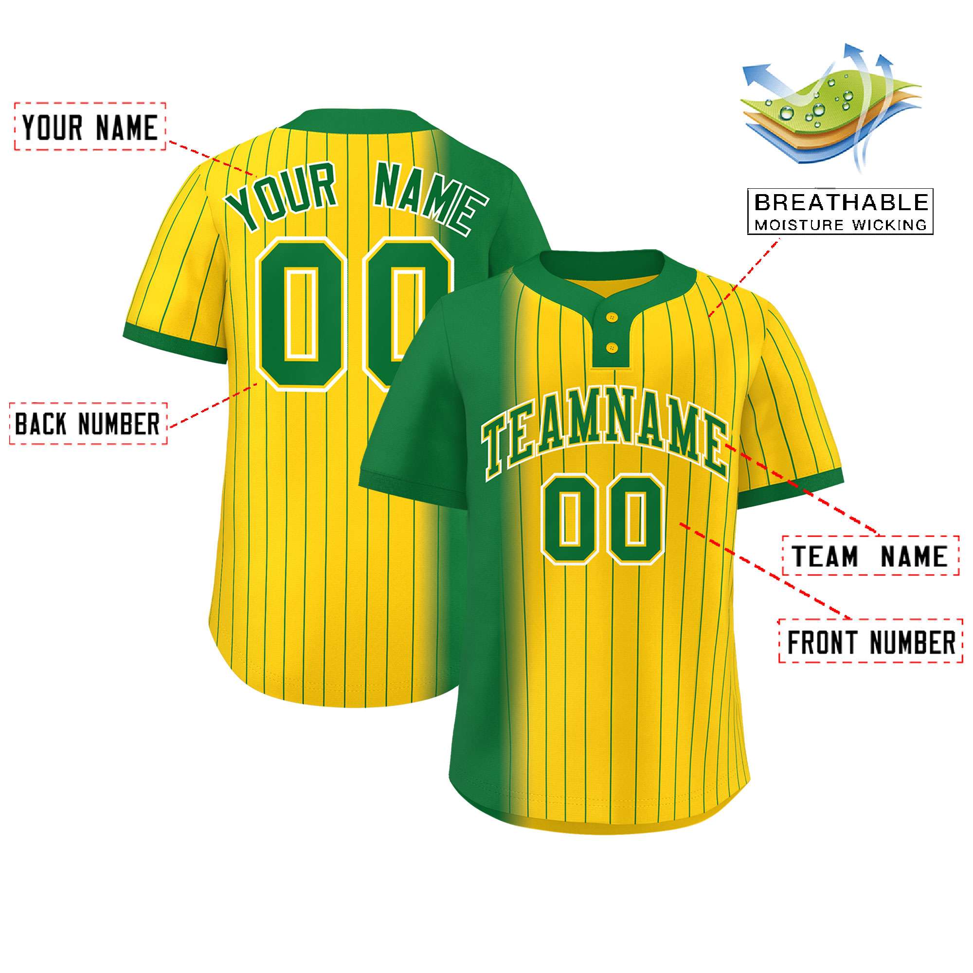 Custom Kelly Green Gold Gradient Stripe Fashion Authentic Two-Button Softball Jersey
