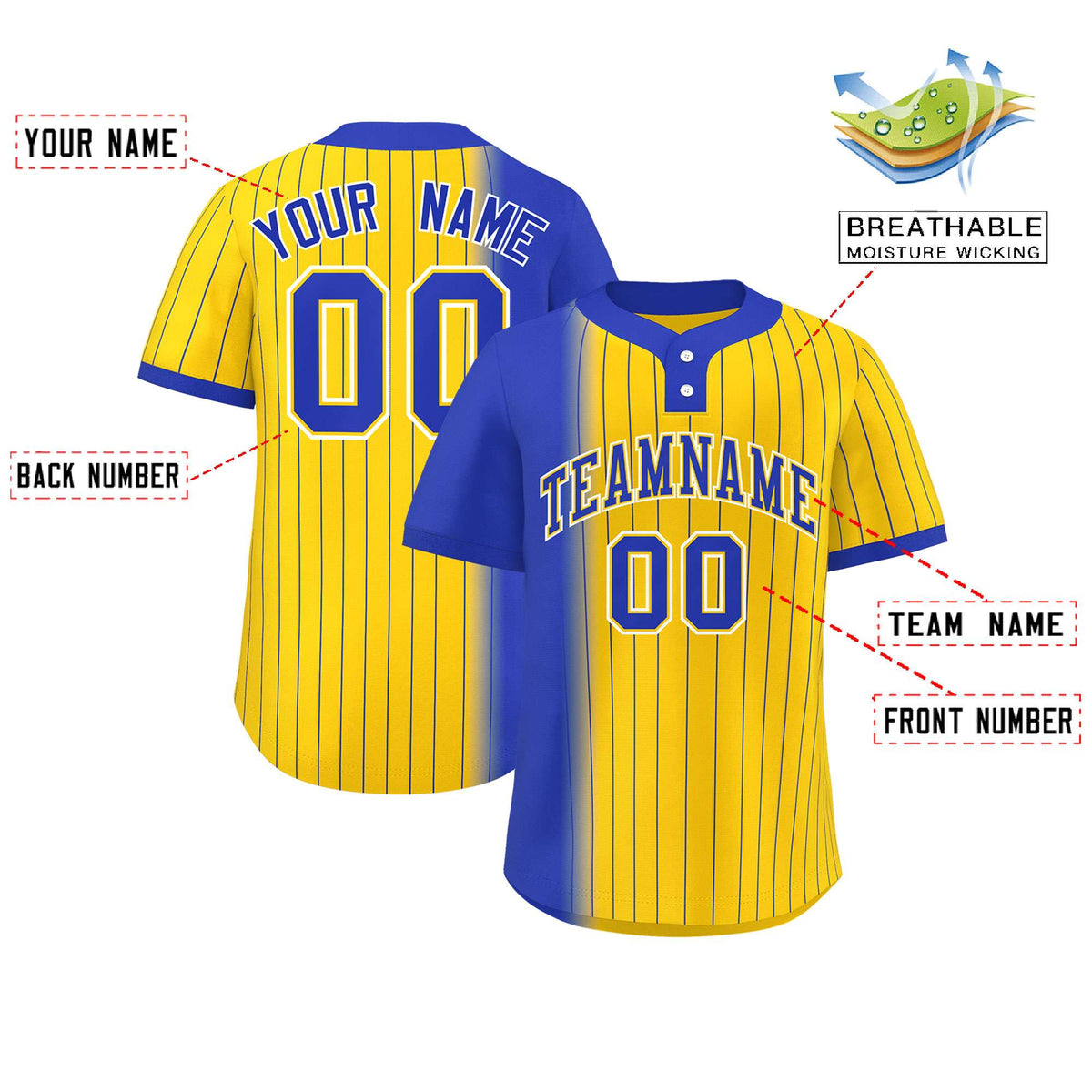 Custom Royal Gold Gradient Stripe Fashion Authentic Two-Button Softball Jersey