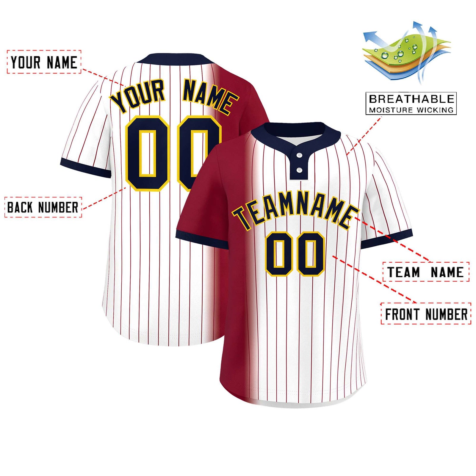 Custom Crimson White-Navy Gradient Stripe Fashion Authentic Two-Button Softball Jersey