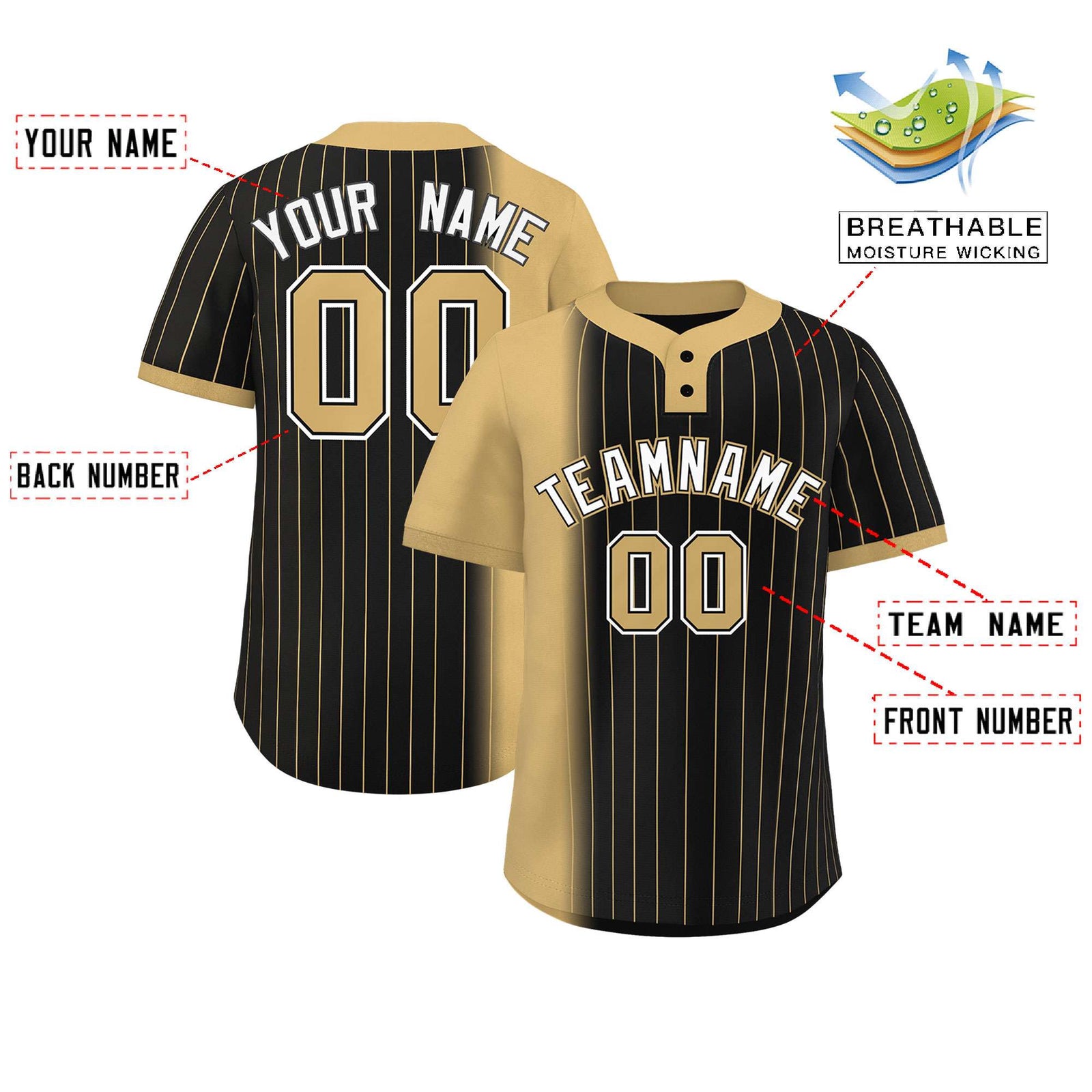 Custom Old Gold Black Gradient Stripe Fashion Authentic Two-Button Softball Jersey