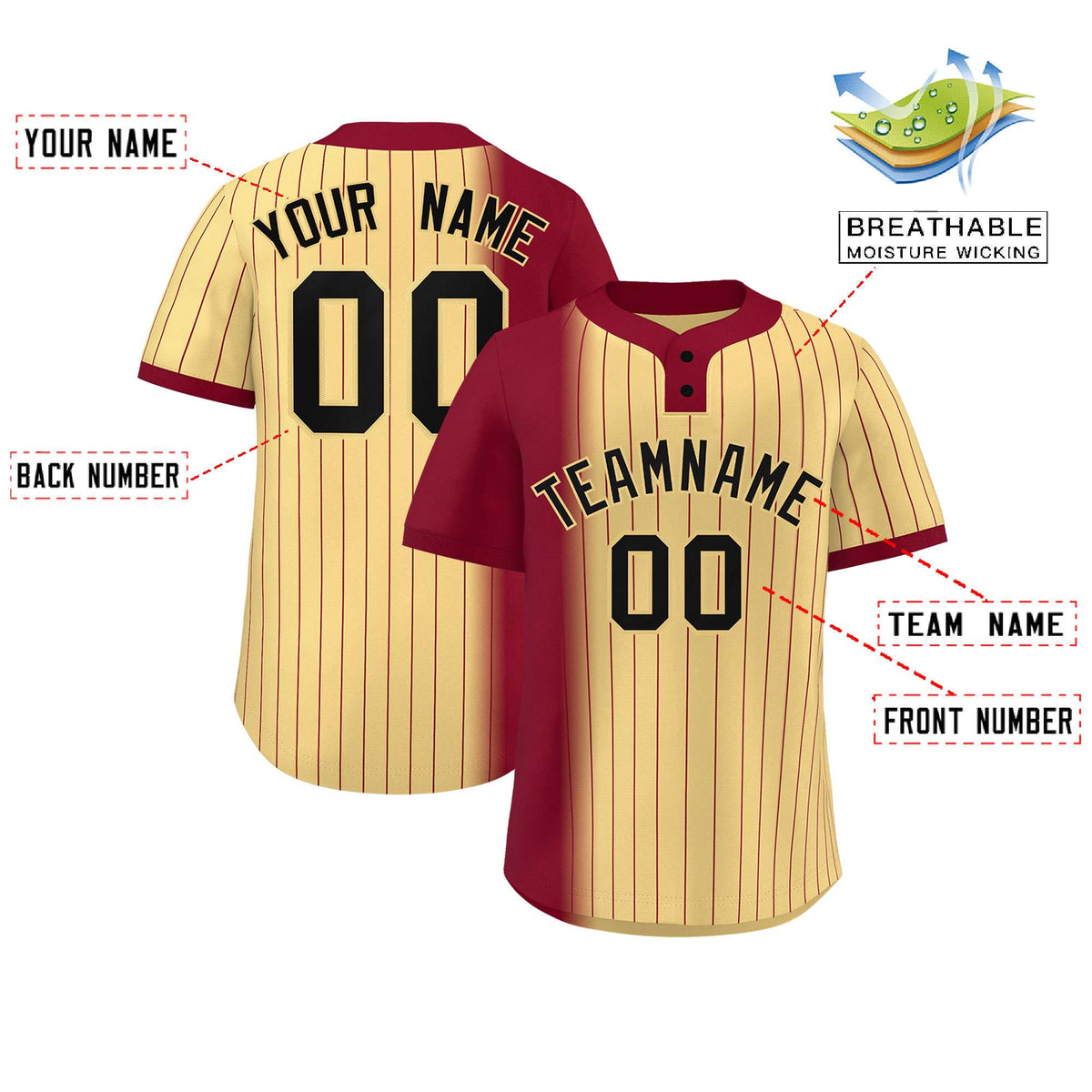 Custom Crimson Khaki Gradient Stripe Fashion Authentic Two-Button Softball Jersey