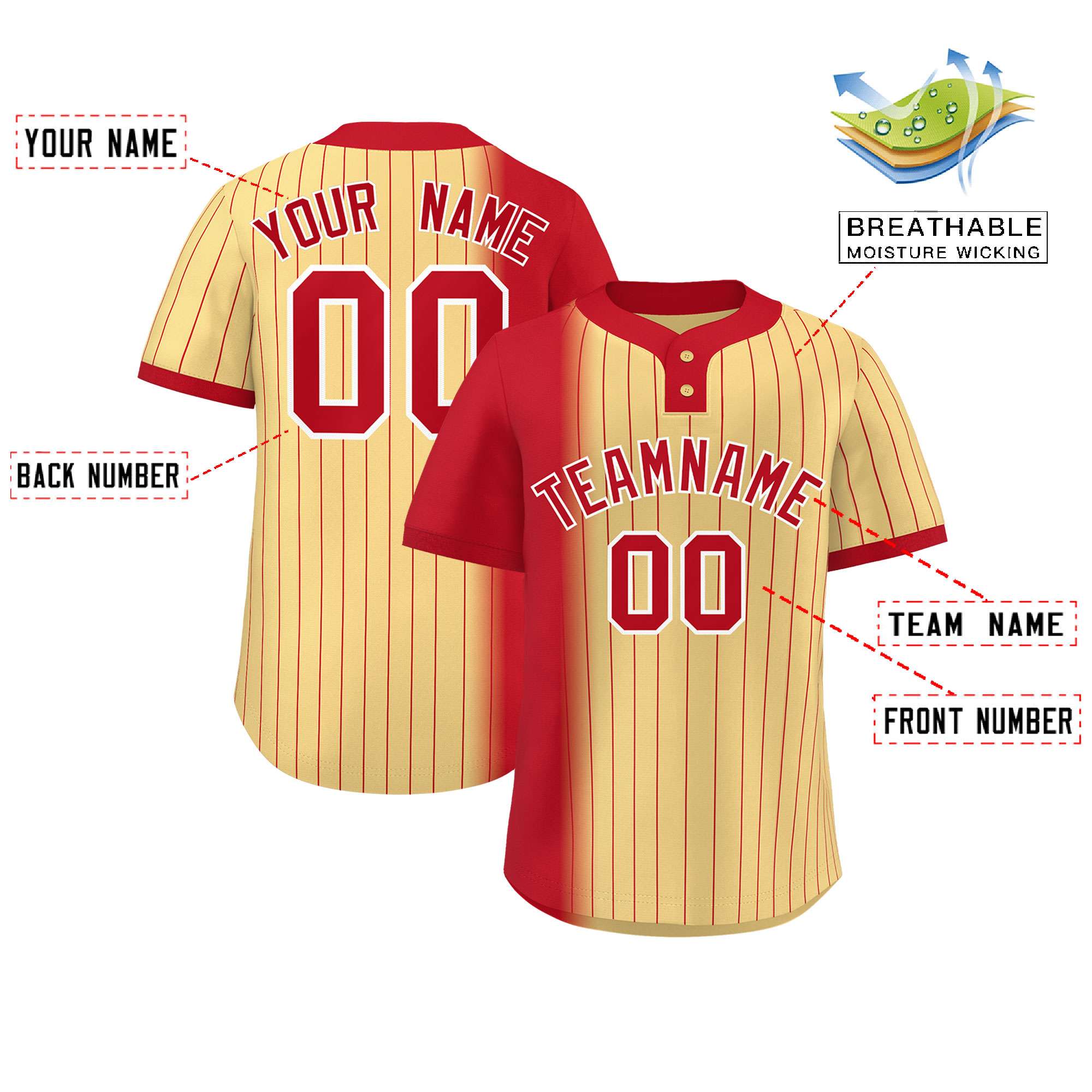 Custom Red Khaki Gradient Stripe Fashion Authentic Two-Button Softball Jersey