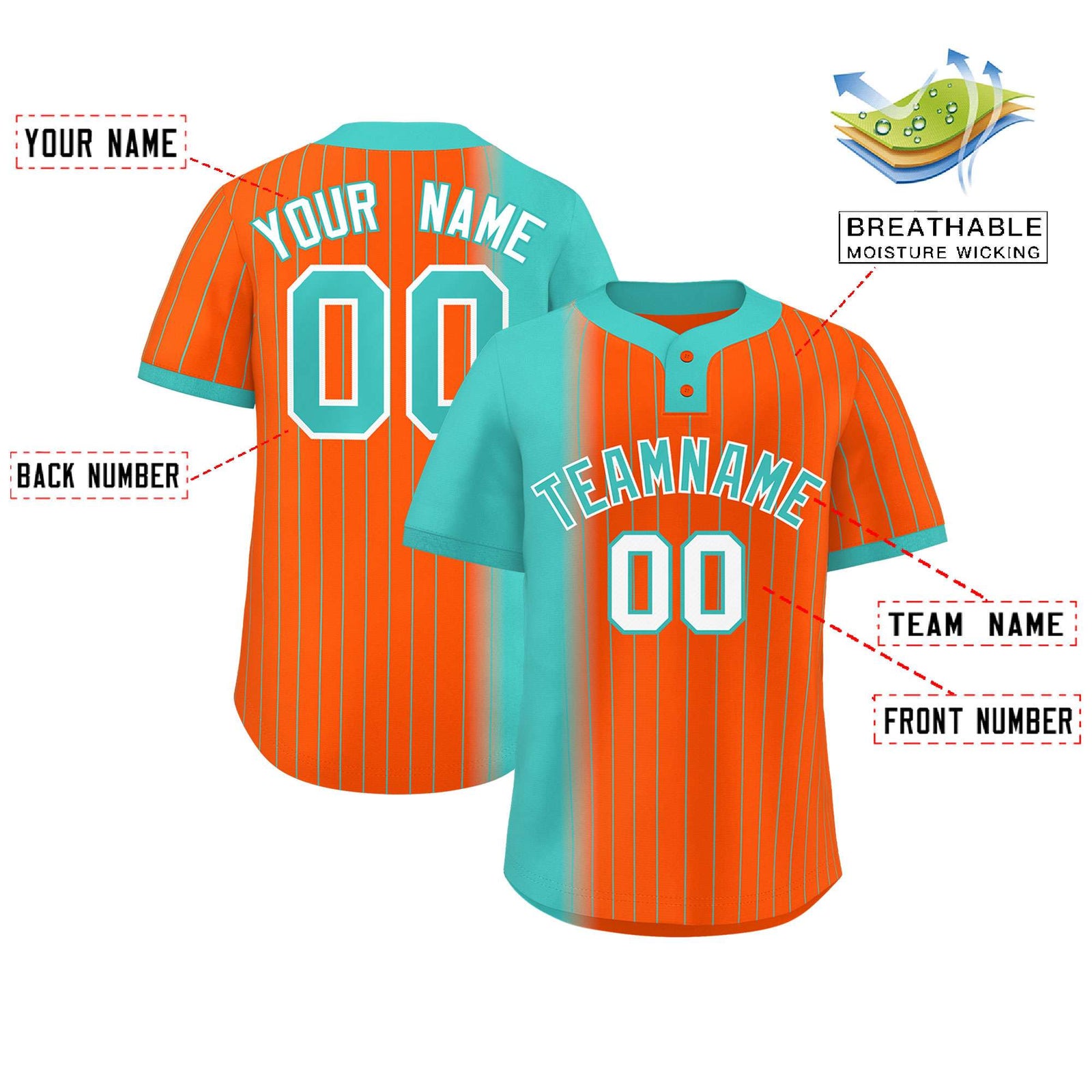Custom Aqua Orange Gradient Stripe Fashion Authentic Two-Button Softball Jersey
