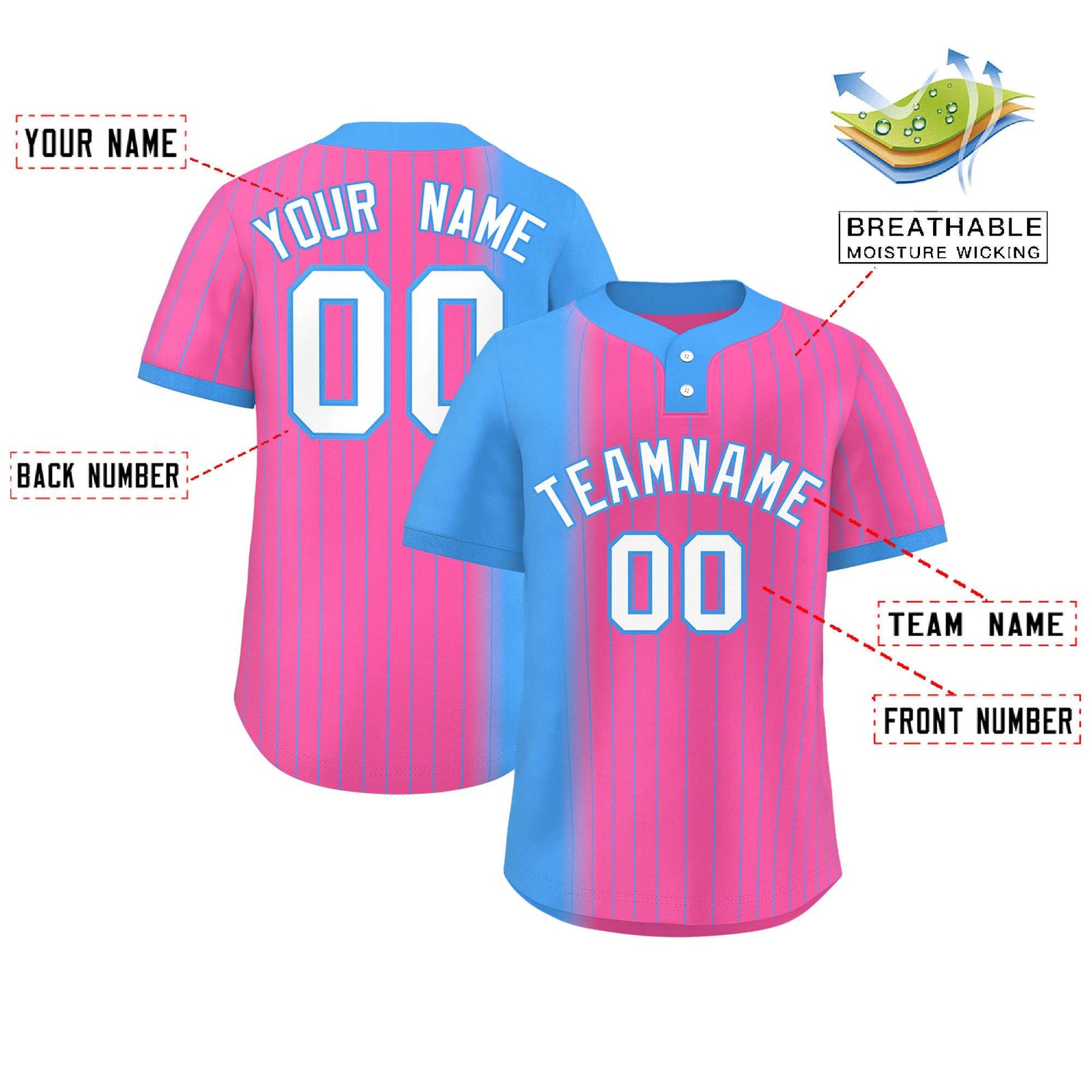Custom Powder Blue Pink Gradient Stripe Fashion Authentic Two-Button Softball Jersey