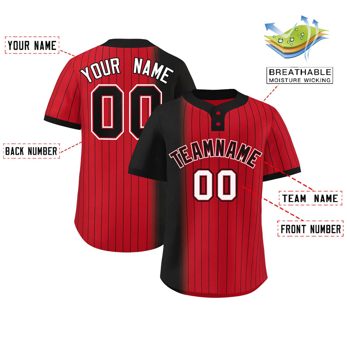 Custom Black Red Gradient Stripe Fashion Authentic Two-Button Softball Jersey