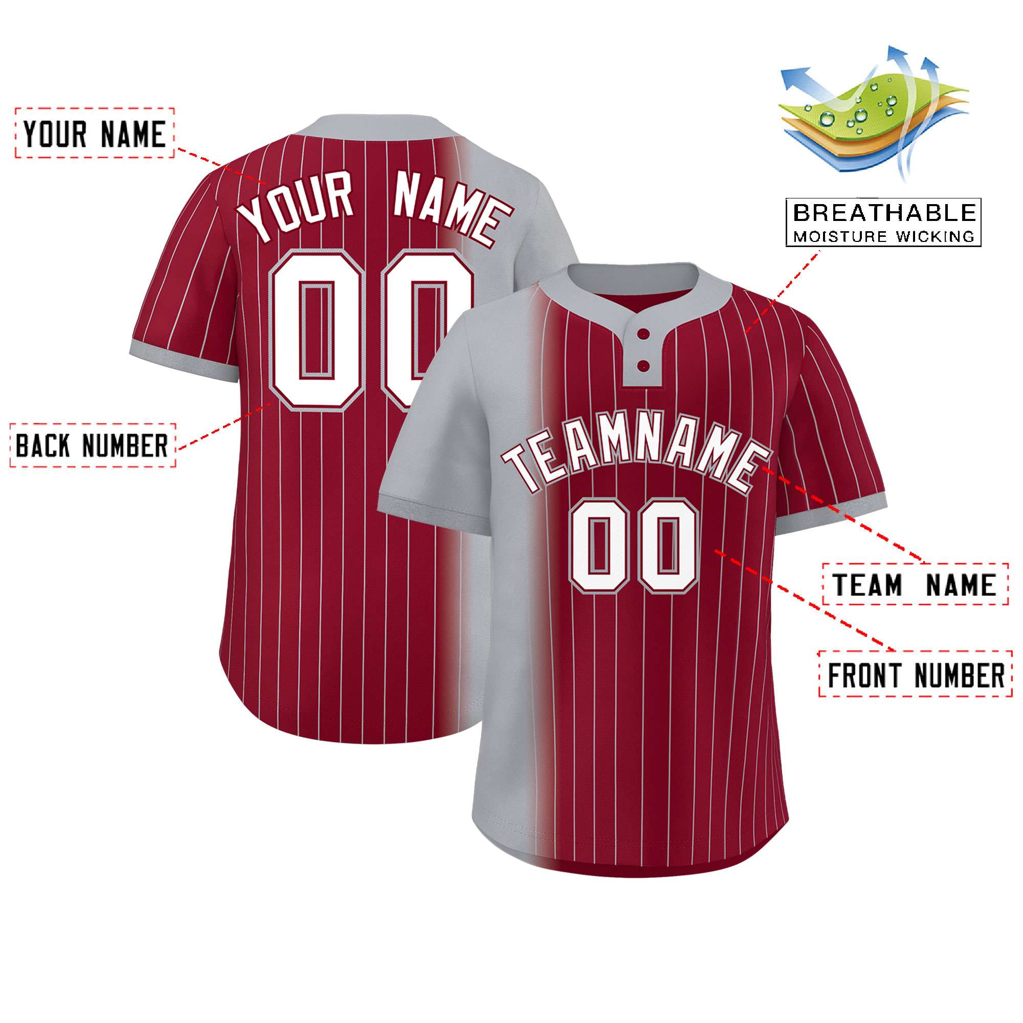 Custom Gray Crimson Gradient Stripe Fashion Authentic Two-Button Softball Jersey