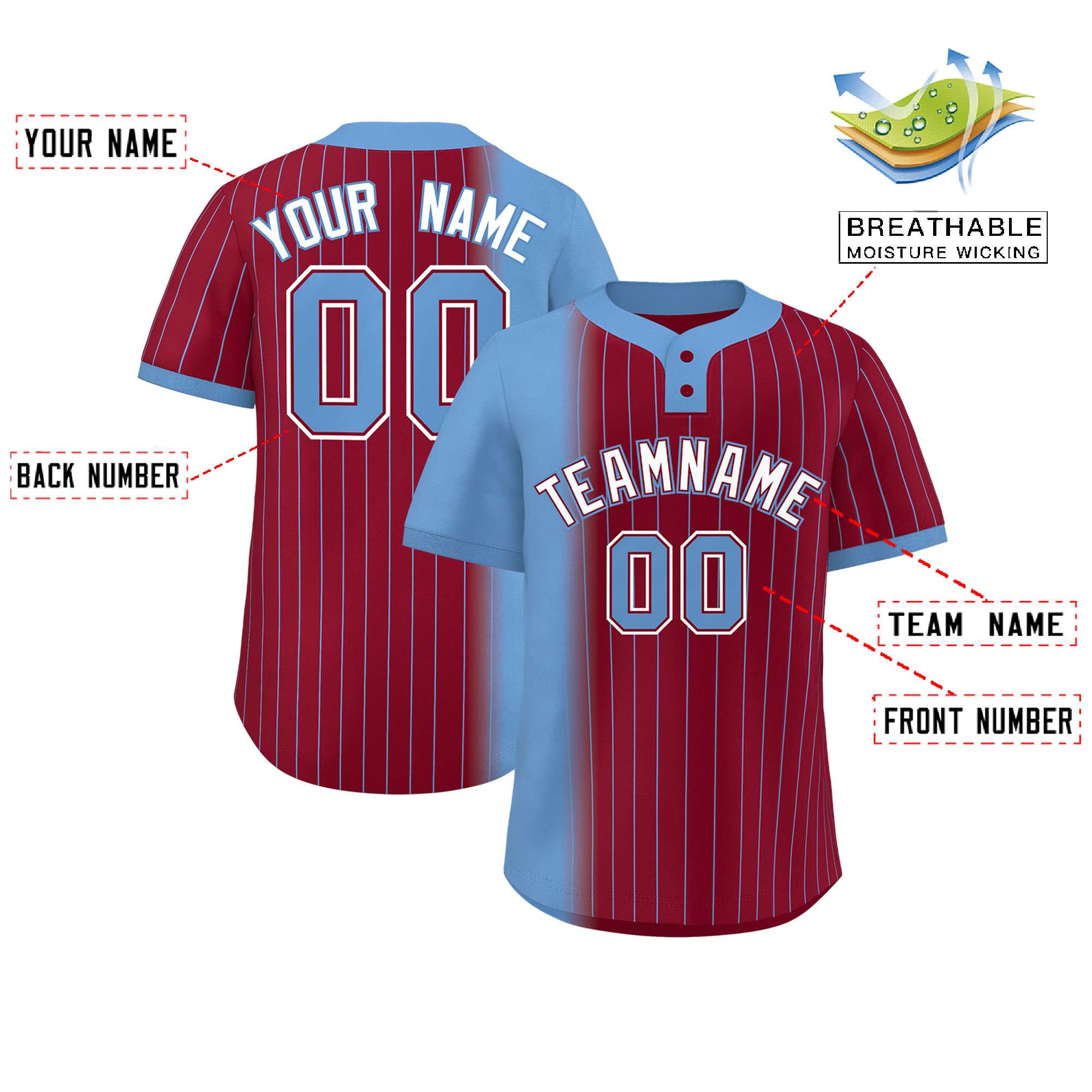 Custom Light Blue Crimson Gradient Stripe Fashion Authentic Two-Button Softball Jersey