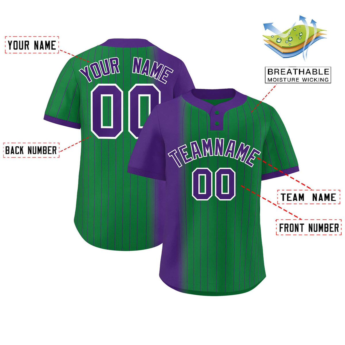 Custom Purple Kelly Green Gradient Stripe Fashion Authentic Two-Button Softball Jersey