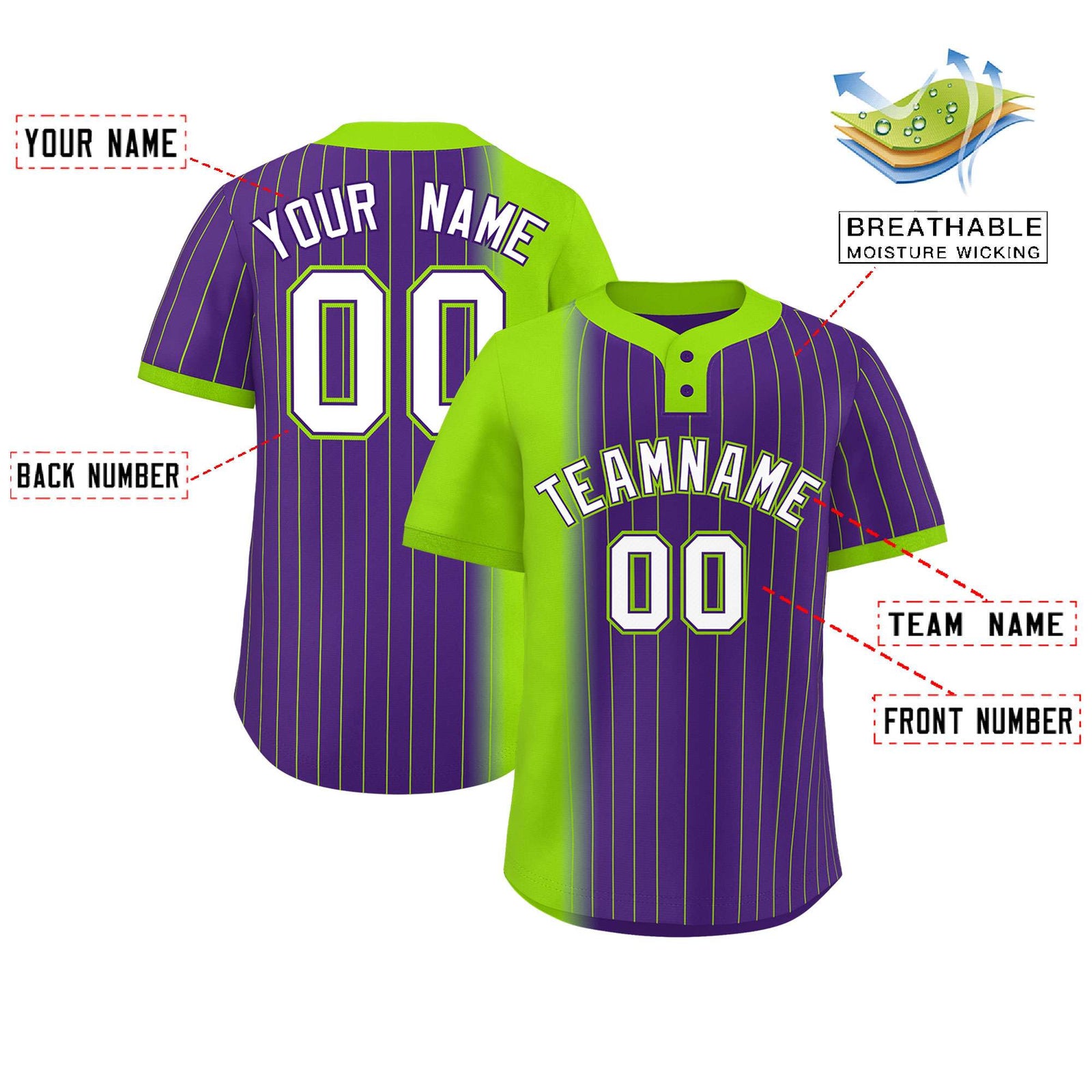 Custom Neon Green Purple Gradient Stripe Fashion Authentic Two-Button Softball Jersey