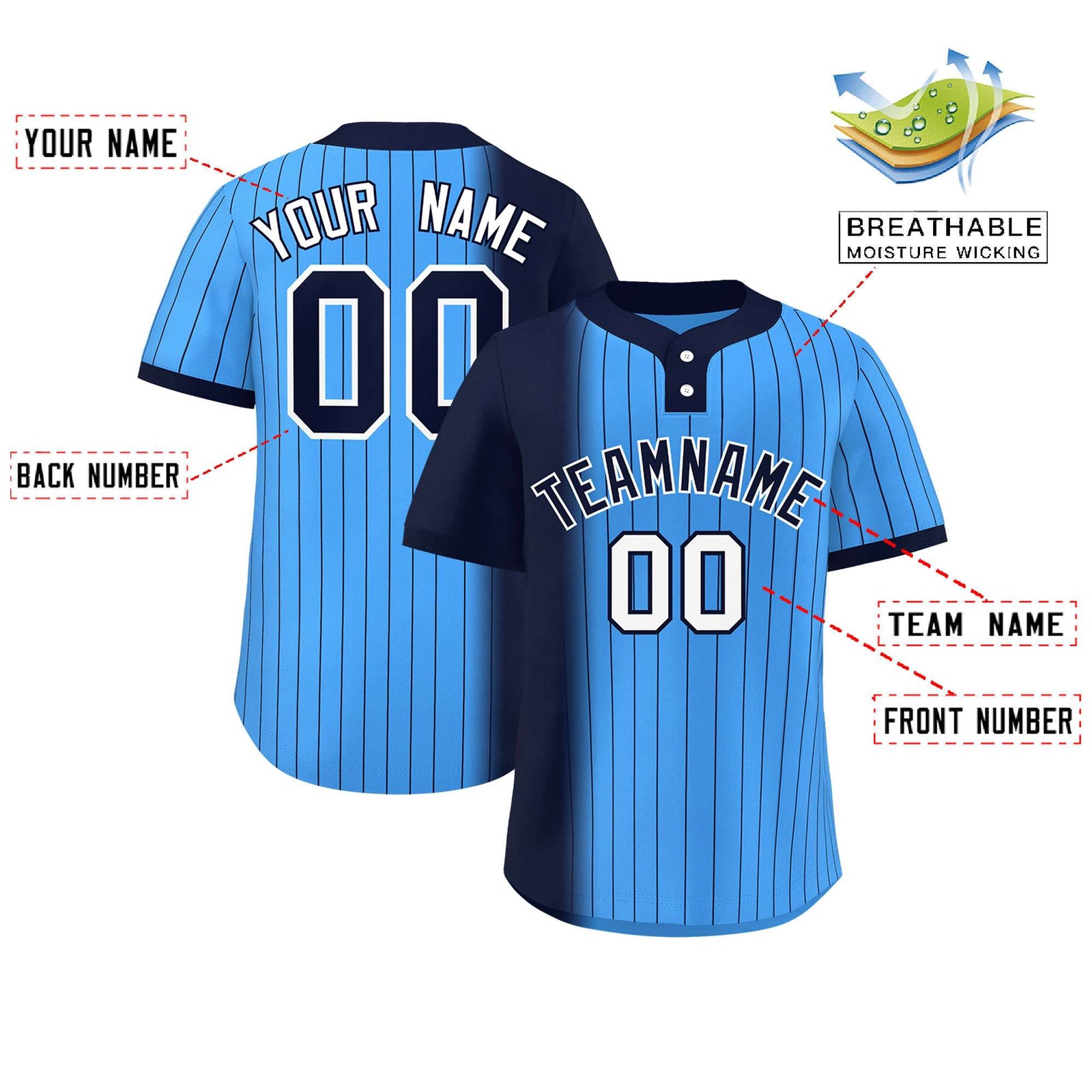 Custom Navy Powder Blue Gradient Stripe Fashion Authentic Two-Button Softball Jersey