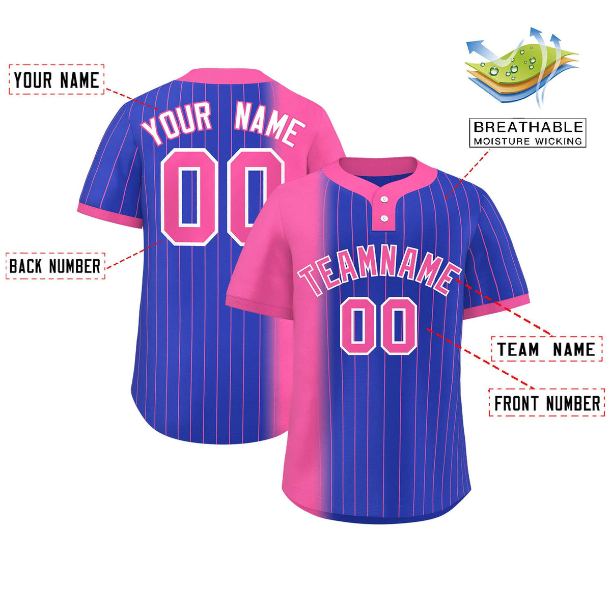 Custom Pink Royal Gradient Stripe Fashion Authentic Two-Button Softball Jersey