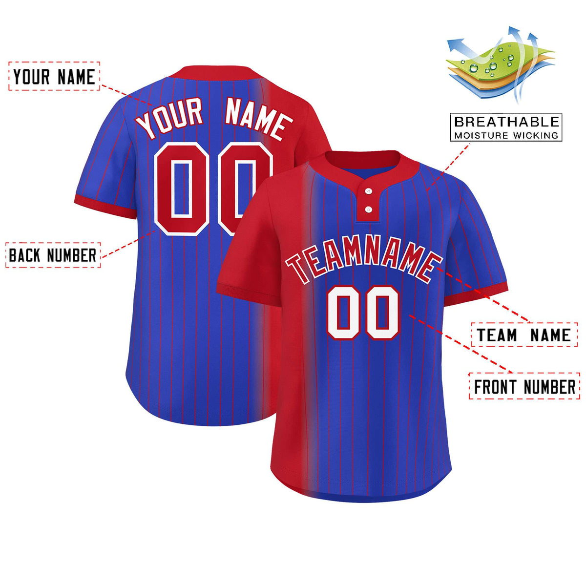 Custom Red Royal Gradient Stripe Fashion Authentic Two-Button Softball Jersey