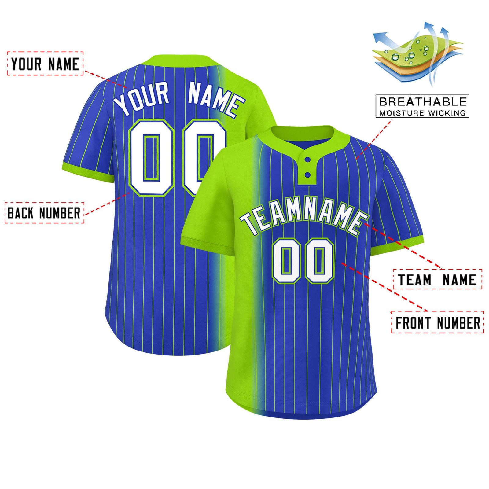 Custom Neon Green Royal Gradient Stripe Fashion Authentic Two-Button Softball Jersey