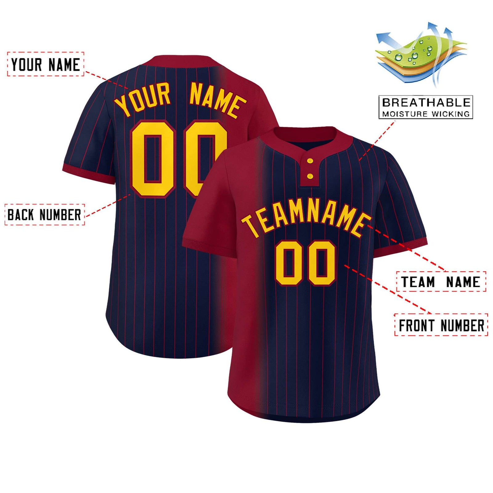 Custom Crimson Navy Gradient Stripe Fashion Authentic Two-Button Softball Jersey