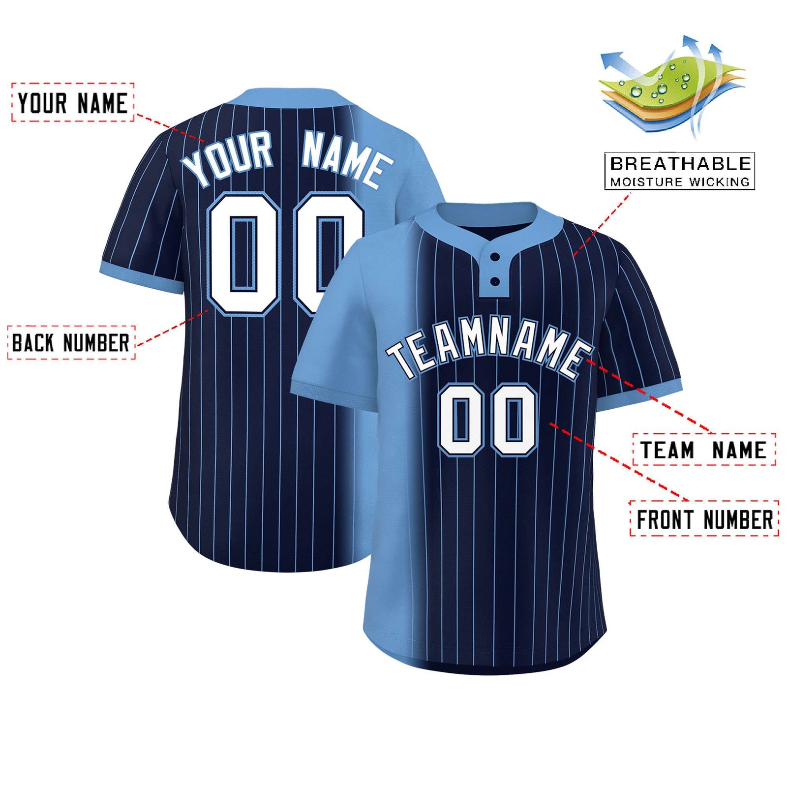 Custom Light Blue Navy Gradient Stripe Fashion Authentic Two-Button Softball Jersey