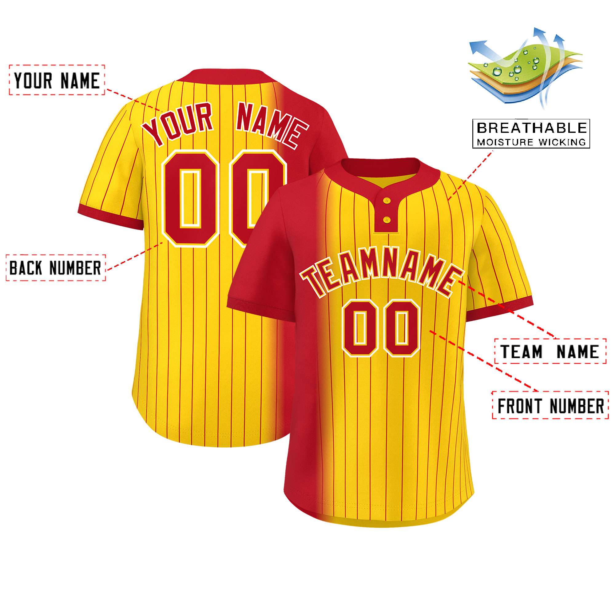 Custom Red Gold Gradient Stripe Fashion Authentic Two-Button Softball Jersey