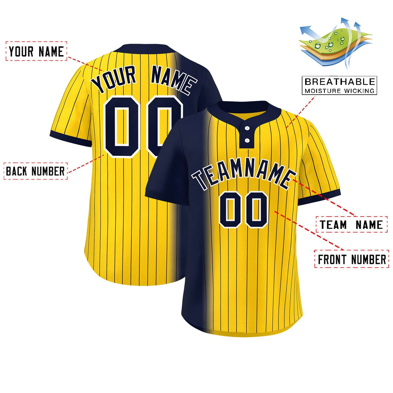 Custom Navy Gold Gradient Stripe Fashion Authentic Two-Button Softball Jersey