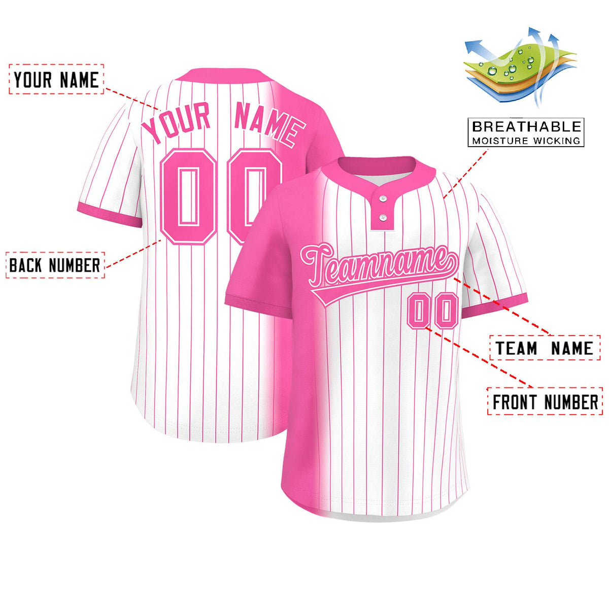 Custom Pink White Gradient Stripe Fashion Authentic Two-Button Softball Jersey