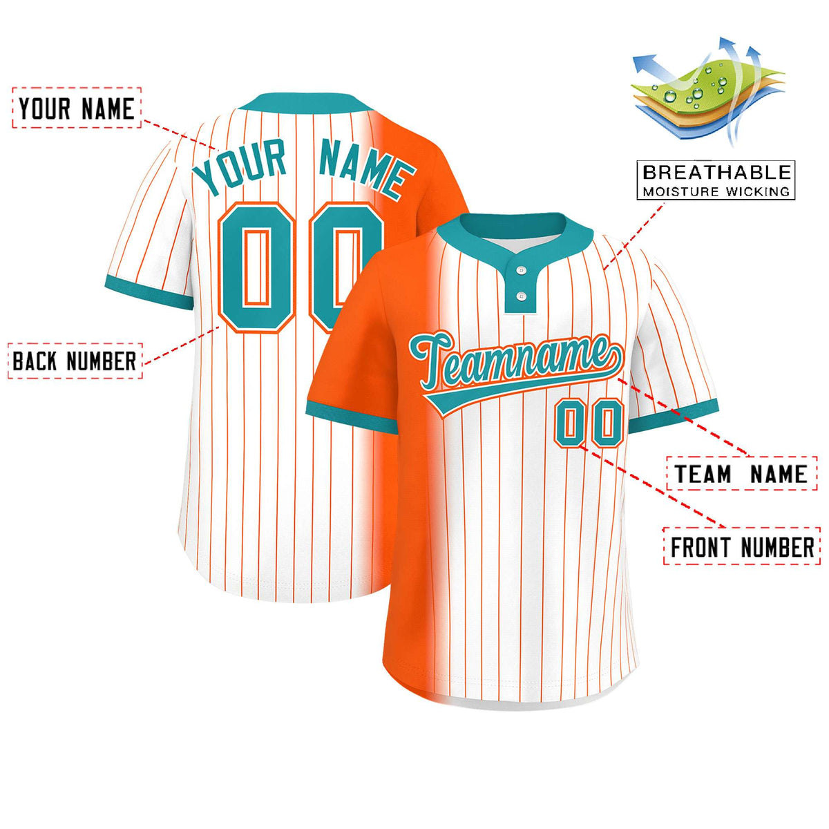 Custom Orange White-Aqua Gradient Stripe Fashion Authentic Two-Button Softball Jersey