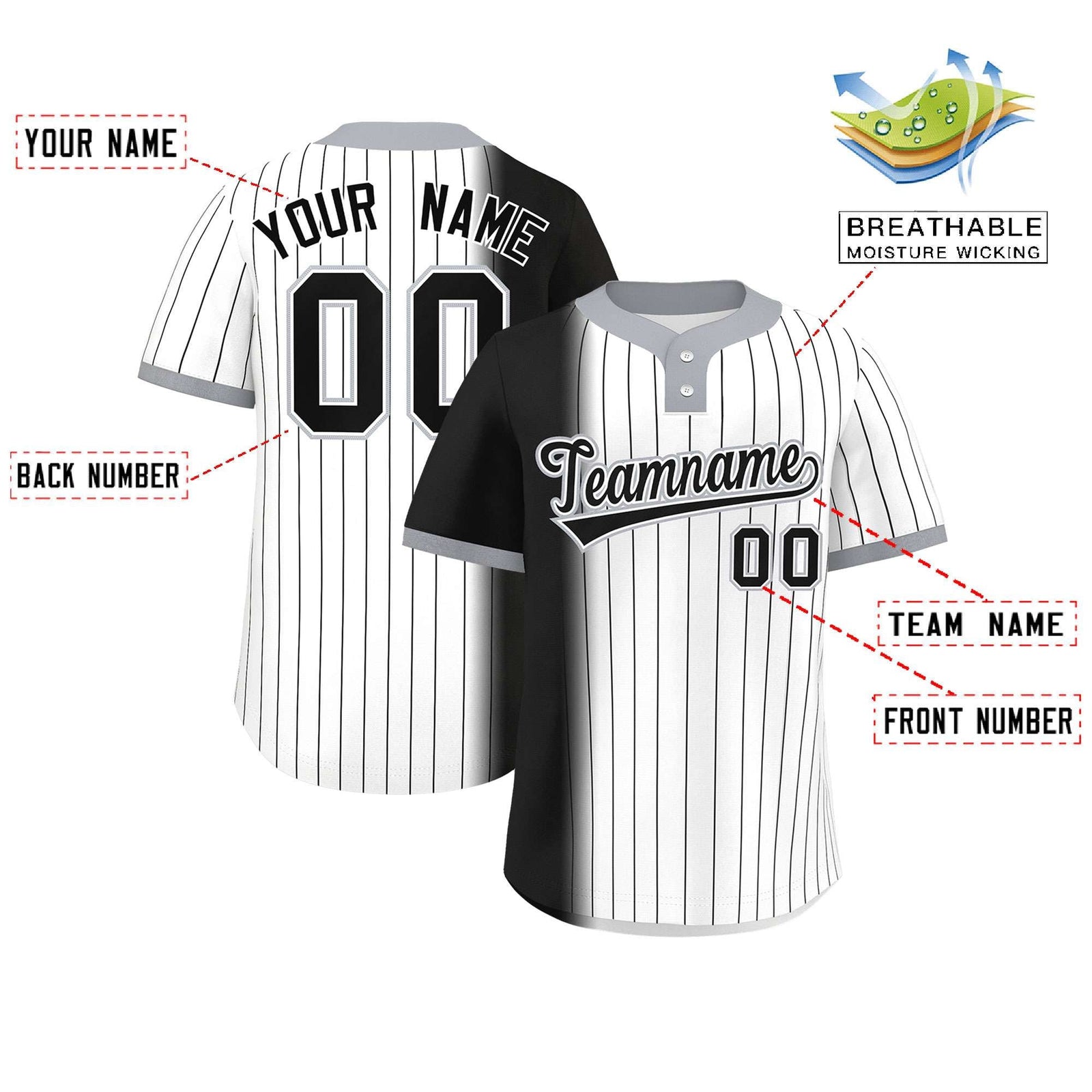 Custom Black White-Gray Gradient Stripe Fashion Authentic Two-Button Softball Jersey