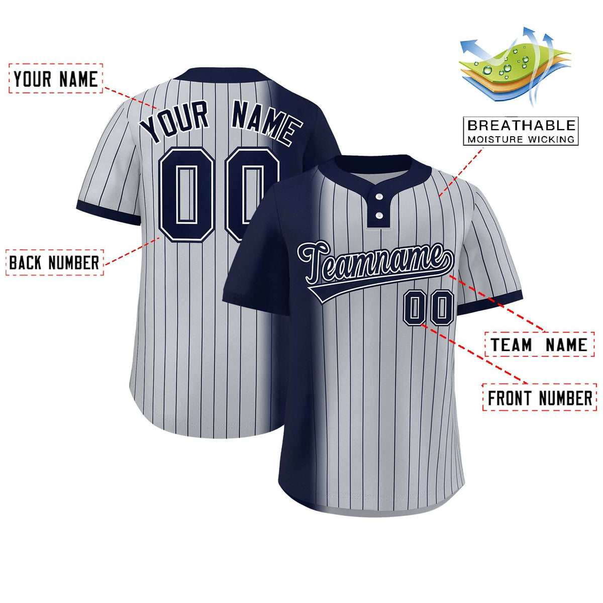 Custom Navy Gray Gradient Stripe Fashion Authentic Two-Button Softball Jersey