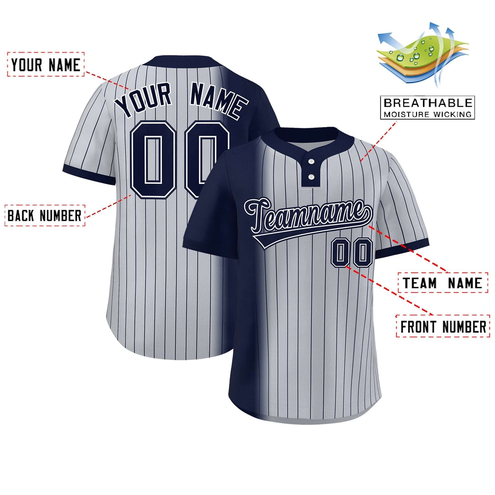 Custom Navy Gray Gradient Stripe Fashion Authentic Two-Button Softball Jersey