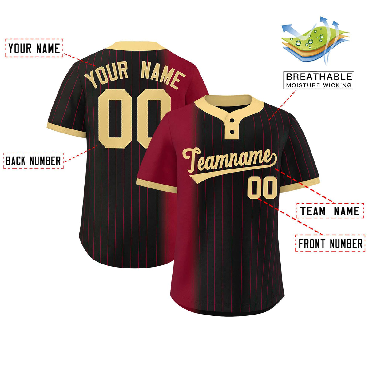 Custom Crimson Black-Khaki Gradient Stripe Fashion Authentic Two-Button Softball Jersey