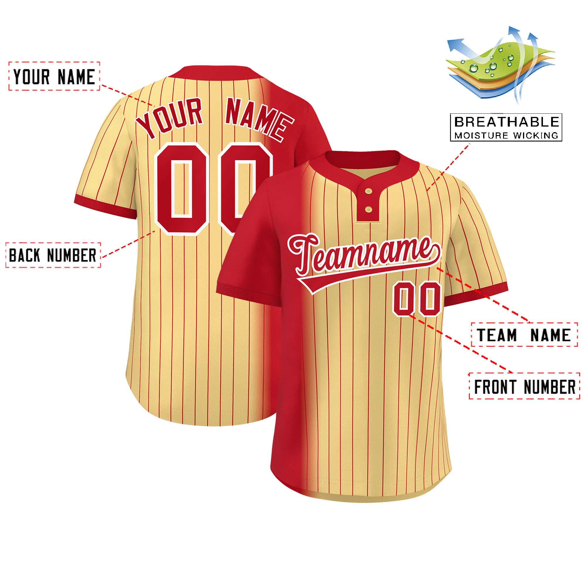 Custom Red Khaki Gradient Stripe Fashion Authentic Two-Button Softball Jersey