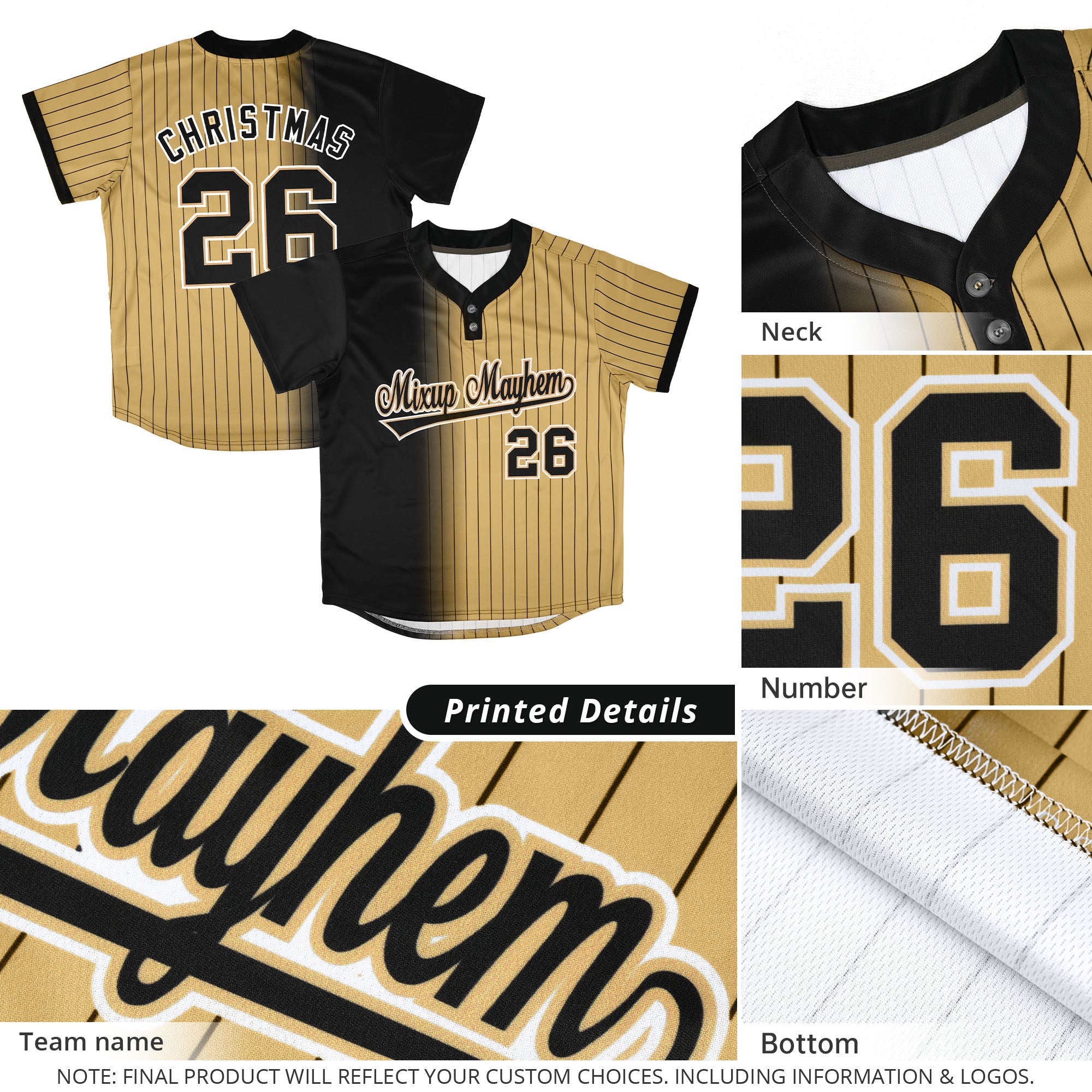 Custom Black Old Gold Gradient Stripe Fashion Authentic Two-Button Softball Jersey