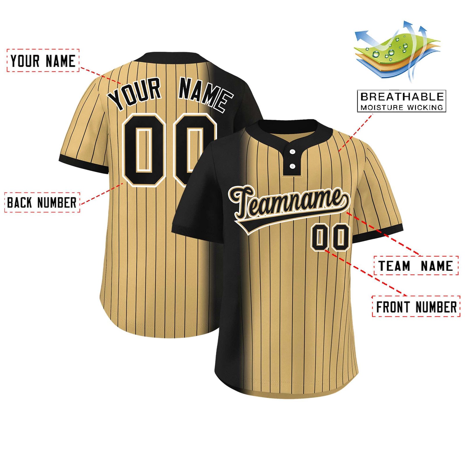 Custom Black Old Gold Gradient Stripe Fashion Authentic Two-Button Softball Jersey