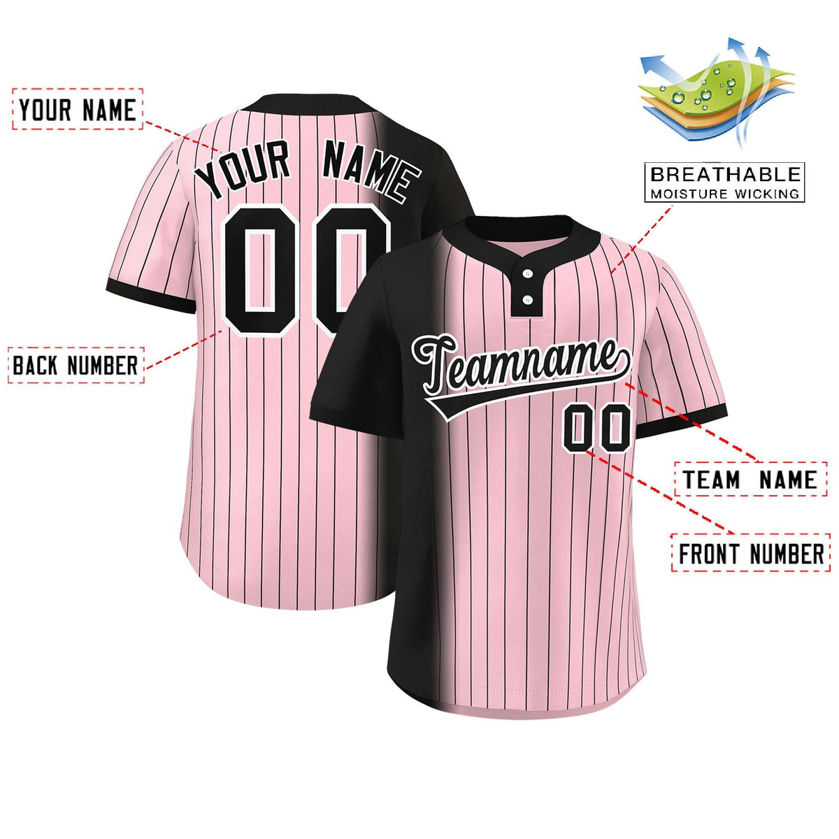 Custom Black Light Pink Gradient Stripe Fashion Authentic Two-Button Softball Jersey