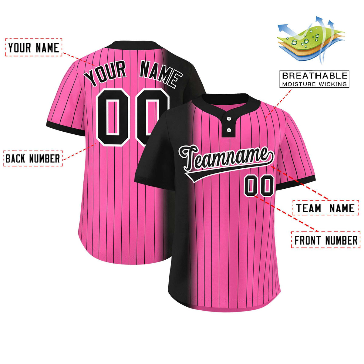 Custom Black Pink Gradient Stripe Fashion Authentic Two-Button Softball Jersey
