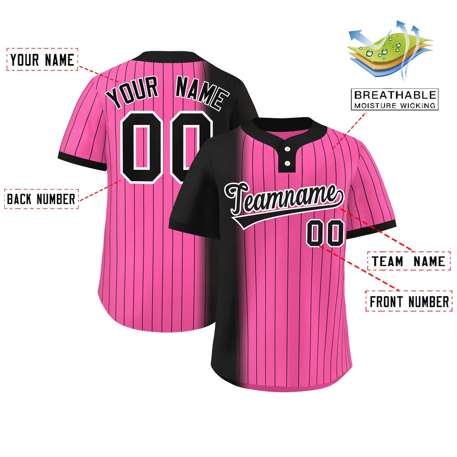 Custom Black Pink Gradient Stripe Fashion Authentic Two-Button Softball Jersey