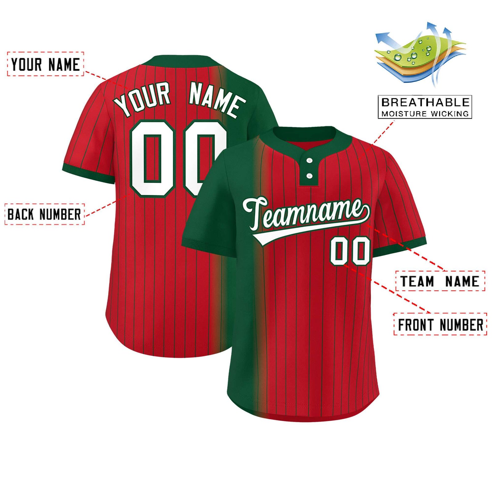 Custom Green Red Gradient Stripe Fashion Authentic Two-Button Softball Jersey