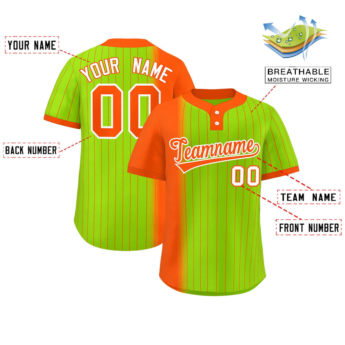 Custom Orange Neon Green Gradient Stripe Fashion Authentic Two-Button Softball Jersey