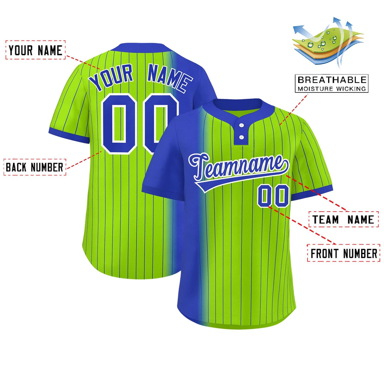 Custom Royal Neon Green Gradient Stripe Fashion Authentic Two-Button Softball Jersey