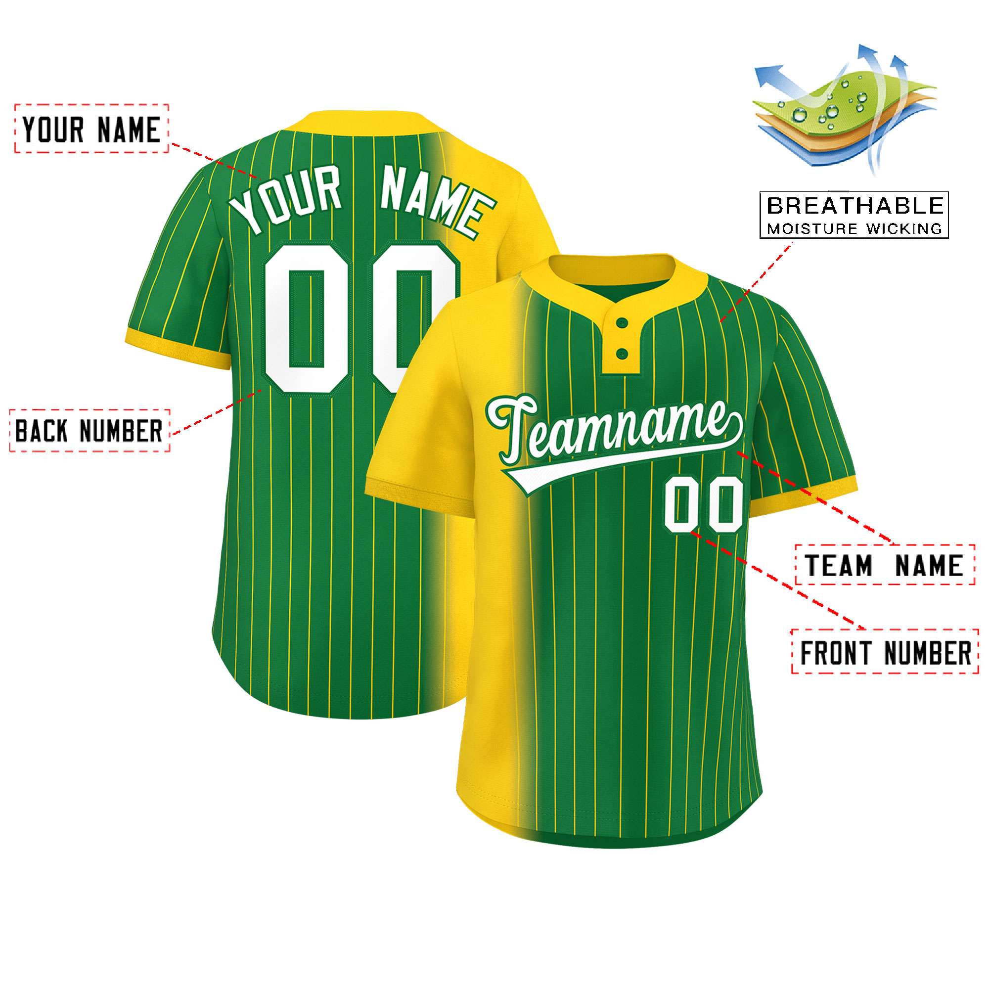 Custom Gold Kelly Green Gradient Stripe Fashion Authentic Two-Button Softball Jersey