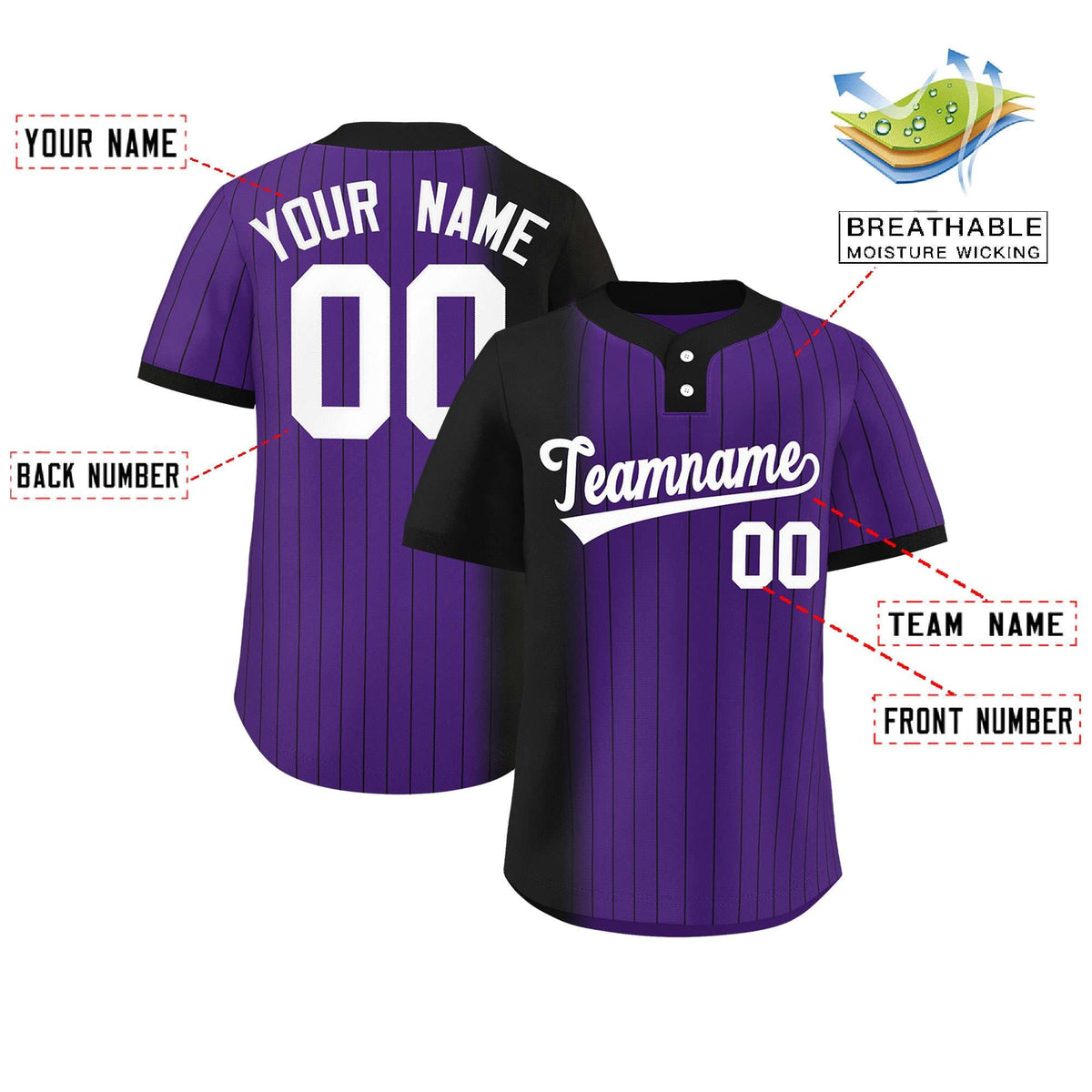Custom Black Purple Gradient Stripe Fashion Authentic Two-Button Softball Jersey