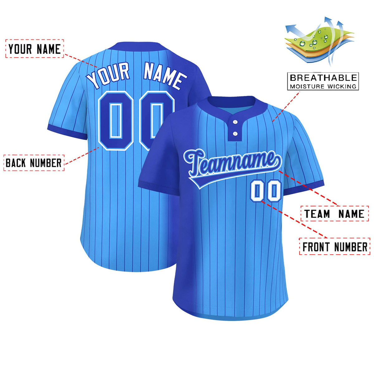 Custom Royal Powder Blue Gradient Stripe Fashion Authentic Two-Button Softball Jersey