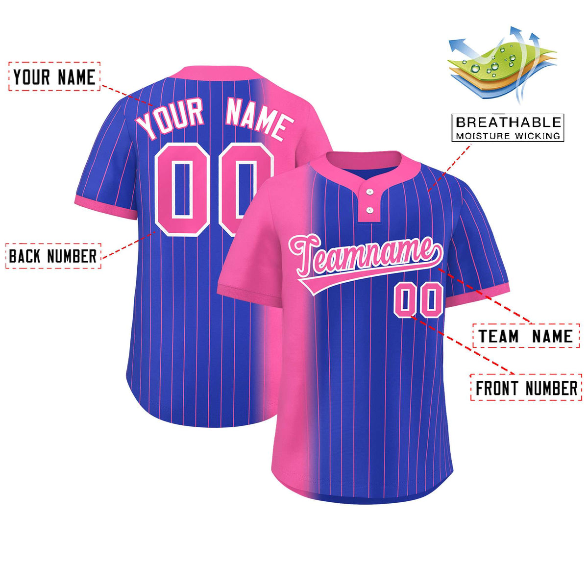 Custom Pink Royal Gradient Stripe Fashion Authentic Two-Button Softball Jersey