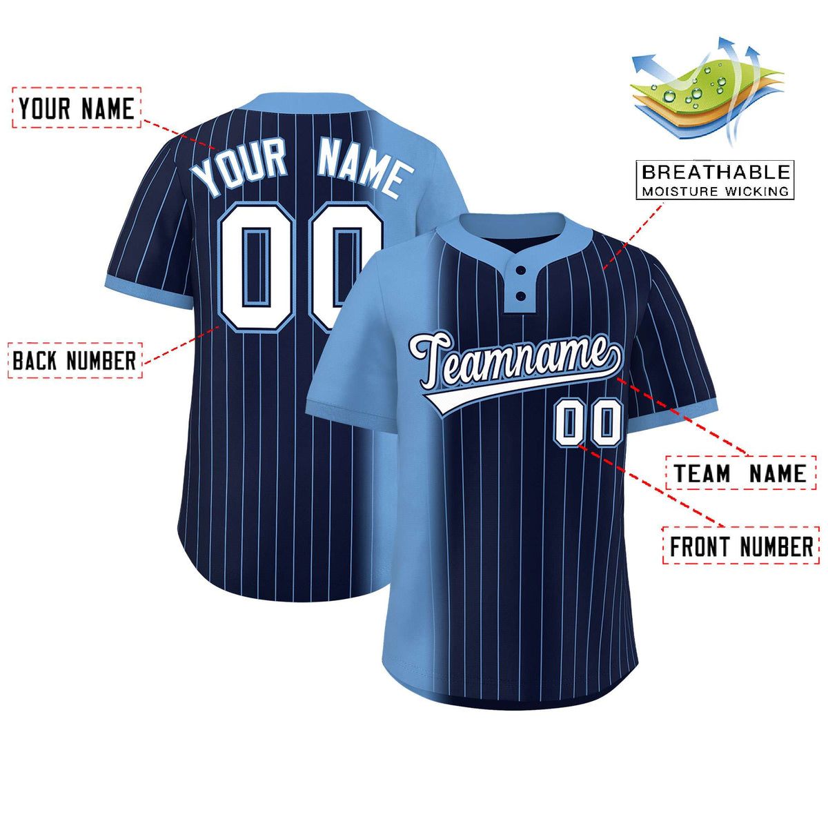 Custom Light Blue Navy Gradient Stripe Fashion Authentic Two-Button Softball Jersey